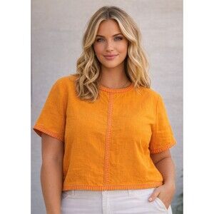 NWT Magaschoni Orange 100% Linen Short Sleeve Embroidered Shirt Size L Orig $128